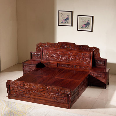 西提國標紅木家具 緬甸紅酸枝百子古典雙人床，詮釋東方睡眠美學